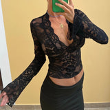 Elegant Lace Sheer T-shirt Sexy V Neck Flared Long Sleeve Slim Fit Tees Fairy Coquette Y2K Women Vintage Crop Top Clothe