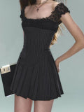 Y2k Coquette Stripped Lace Pleated Mini Dress Women Fashion American Retro Short Dresses New in Autumn