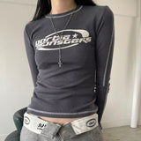 Gray Ribbed Casual Streetwear Tops O Neck Contrast Stitch Long Sleeve Tees Femme Letter Print Basic Cropped T Shirt