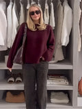 Darianrojas  -  Autumn Casual Burgundy Knitted Pullover For Women Fashion Loose O Neck Long Sleeve Sweater Fall Winter New Female Commute Jumper