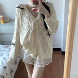 Kawail Hollow Out Knitted Cardigan Bow Knot Sweater Japanese Fashion Women Aesthetic Knitwear Spring Cute Sweet Preppy