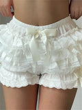 Women's Summer Lace Trim Shorts Plaid Elastic Band Tiered Ruffle Shorts Kawaii Gothic Casual Bloomers Streetwear