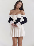 -Shoulder Ruffled Bandage Mini Dress Female Contrast Elegant Fashion Backless Party Dress Autumn Casual Women Dress