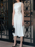 Women New Fashion White Sleeveless Summer Dress Ladies Lace Rose Embroidery Flower Elegant Long Dresses Vestidos