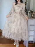 Dress Court Wind Floral Lace-up Dress Women Spring Summer Shiny Thin Cardigan Bow Ruffles Long Dresses Suit