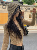 Grunge Thin Hollow Out Vintage Sexy Cardigan Coats Hooded All Match Knitted Sweaters Y2k Women Fashion Casual Crop Tops