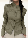 Retro Green Slim Cargo Jackets Women Button Up Stand Collar Long Sleeve Autumn Korean New Fashion Outwear