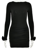 Articat Autumn Long Sleeve Tight Dress For Women Sexy Backless Bodycon Mini Dress Fold Female Party Club  Evening Dress