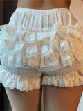 Women's Summer Lace Trim Shorts Plaid Elastic Band Tiered Ruffle Shorts Kawaii Gothic Casual Bloomers Streetwear