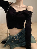 Y2k Chic Solid Sweet Harajuku T-shirt Women Sexy Lady Slash Neck Off Shoulder  Spring Korean Long Sleeve Cropped Top