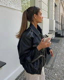 Women Elegant Solid Zipper Bomber Jacket Fashion Lapel Long Sleeve Elastic Waist Leather  Autumn Female Chic High Streetwear