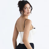 Thick Satin Bustier Corset Crop Top with Chest Pads Spaghetti Strap White Bodycon Top Summer Women Tops with Fishbone