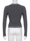 Gray Ribbed Casual Streetwear Tops O Neck Contrast Stitch Long Sleeve Tees Femme Letter Print Basic Cropped T Shirt