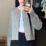 Gray Vintage Twist Women's Knitted Cardigan Button Preppy Korean Fashion Long Sleeve Sweater Warm Harajuku Slim Autumn