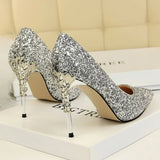 Spring Summer New Crystal Sequins Bride Shoes High Heels Women's Fine Heel Versatile Pointed Toe Gown Single Shoes