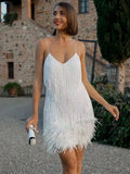 Tassel Sequins Dress Women Elegant Feather Spaghetti Straps Mini Dresses Summer Sexy Party Club Evening Dresses Vestidos