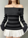 Off Shoulder Slim Knitted Stripe Jumper Women Lace-Up Slash Neck Long Sleeve Sweater Tee Korean Fashion Street Knittwear