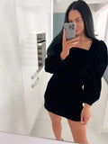 Evening Puff Sleeve Women's Velvet Dress Winter Black Sexy Bodycon Dress Square Collar Formal Dresses Elegant