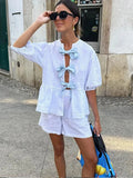 Fashion Stripe Women Shorts Set New Elegant Lace Up Round Neck Female Blouses Set Summer Chic Puff Short Sleeve Streetwear