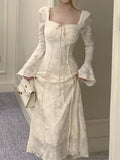 Vintage Fashion Casual Midi Dresses for Women Spring Summer Elegant Party Prom Long Sleeves Slim Female Clothing Robe New