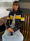 Patchwork Stitch Leather Bomber Jackets For Women New In Outerwears Zip Up Long Sleeve Street Racing Coats Cropped