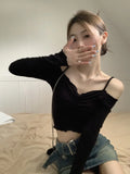 Y2k Chic Solid Sweet Harajuku T-shirt Women Sexy Lady Slash Neck Off Shoulder  Spring Korean Long Sleeve Cropped Top