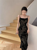 Lace Black Elegant Women Dress Vintage Strap Embroidery Floral Mermaid Midi Club Gown Robe Femme Ropa Sexy Mujer Verano Vestidos