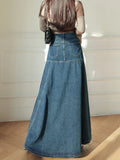 Maxi Long Skirts Women Korean Vintage Autumn Winter High Waist Jean Skirt Ladies A-Line Ruffle Pleated Denim Skirt