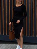 Darianrojas  -  holiday outfits Black Women Knitted Dress with Side Slits Bodycon Autumn Winter Tight Dresses Elegant Long Sleeve Female Ribbed Knit Dress