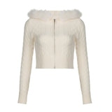 White Solid Slim Zip Up Hooded Cropped Sweater Cardigan Women Autumn Winter New Sweet Coquette Fluffy Outerwear