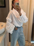 Ruffle Loose Women Shirts Cotton Long Sleeve Elegant White Tshirt Ladies Street Casual Holiday Baggy Cover Up Female