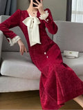 Vintage Red Wedding Party Midi Dresses for Women Autumn New Elegant Chic Birthday Evening Prom Long Sleeves Female Clothing