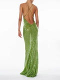 Green Sequin Glitter Backless Maxi Dress For Women Sexy Swing Collar Sleeveless Skinny Long Vestidos Elegant Night Party Robe