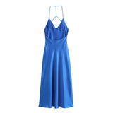 Spring New Women's Wear Temperament Slim Fit Open Back Silk Satin Texture Solid Color Hanging Strap Dress