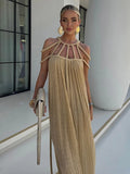 Loose Sleeveless Beach Dress Backless Maxi Dress For Women Crochet Cut Out Off Shoulder Loose Hem Party Long Dress
