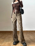 Women American Vintage Baddie Style Lace Up Cargo Pants Grunge High Waist Straight Leg Trousers Harajuku Fashion Y2k Streetwear