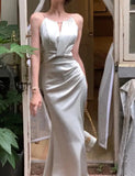 Korean Chic Solid Party Prom Dress Elegant Sleeveless Wedding Mermaid Robe Women Sexy Hollow Out Evering Vestidos Summer Clothes