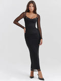 Mozision Elegant Sheer Long Sleeve Bodycon Maxi Dress For Women Fashion Mesh Black Strapless Backless Club Party Sexy Dress