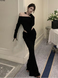 Women Sexy Hollow Out Black Long Dress Spring Autumn Fashion Bodycon Party Prom Runway Robe Female Y2k Streetwear Mujers Clothes