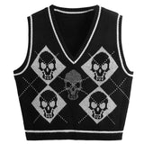 Darianrojas  -  Y2K Gothic Knit Sweater Vest Skull Argyle Print Pattern Knitwear V-neck Pullover Fashion Jumper Top Women Halloween Streetwear