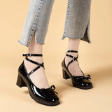 Black Retro Cross-Tie Pumps Casual Summer Round Toe Shoes Ladies Sweet Fashion Shoes Woman Bow Design