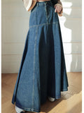 Maxi Long Skirts Women Korean Vintage Autumn Winter High Waist Jean Skirt Ladies A-Line Ruffle Pleated Denim Skirt