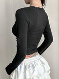 Black Lace Trim V-Neck T-Shirt Women Solid Slim Basic Long Sleeve Top Tees All-Match Autumn New