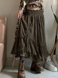 Vintage Forest Green Shirring Tie Lace Trim High Waist A Line Long Skirt Women Vacation Outfits