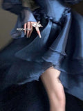 High-low Trailing Princess Mini Dress Women Puff Sleeves Lace Up Frill Trim Royal Blue Satin Wedding Party Ball Gown