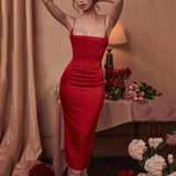 High Quality Women's Clothing Latest Fashion Bodycon Midi Dress Elegant  Satin Sexy Dress Red Night Prom Party Dresses