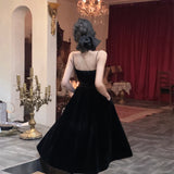 French Black Velvet Spaghetti Strap Midi Dresses for Women Autumn Elegant Party 2-piece A-line Evening Prom Female Clothing
