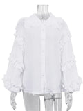 Ruffle Loose Women Shirts Cotton Long Sleeve Elegant White Tshirt Ladies Street Casual Holiday Baggy Cover Up Female