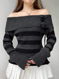 Off Shoulder Slim Knitted Stripe Jumper Women Lace-Up Slash Neck Long Sleeve Sweater Tee Korean Fashion Street Knittwear