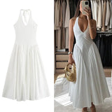 Sexy Halter White Dresses Women Off Shoulder Bodycon Midi Dress Deep V Neck Ruched Long Dress Backless Party Dresses Woman